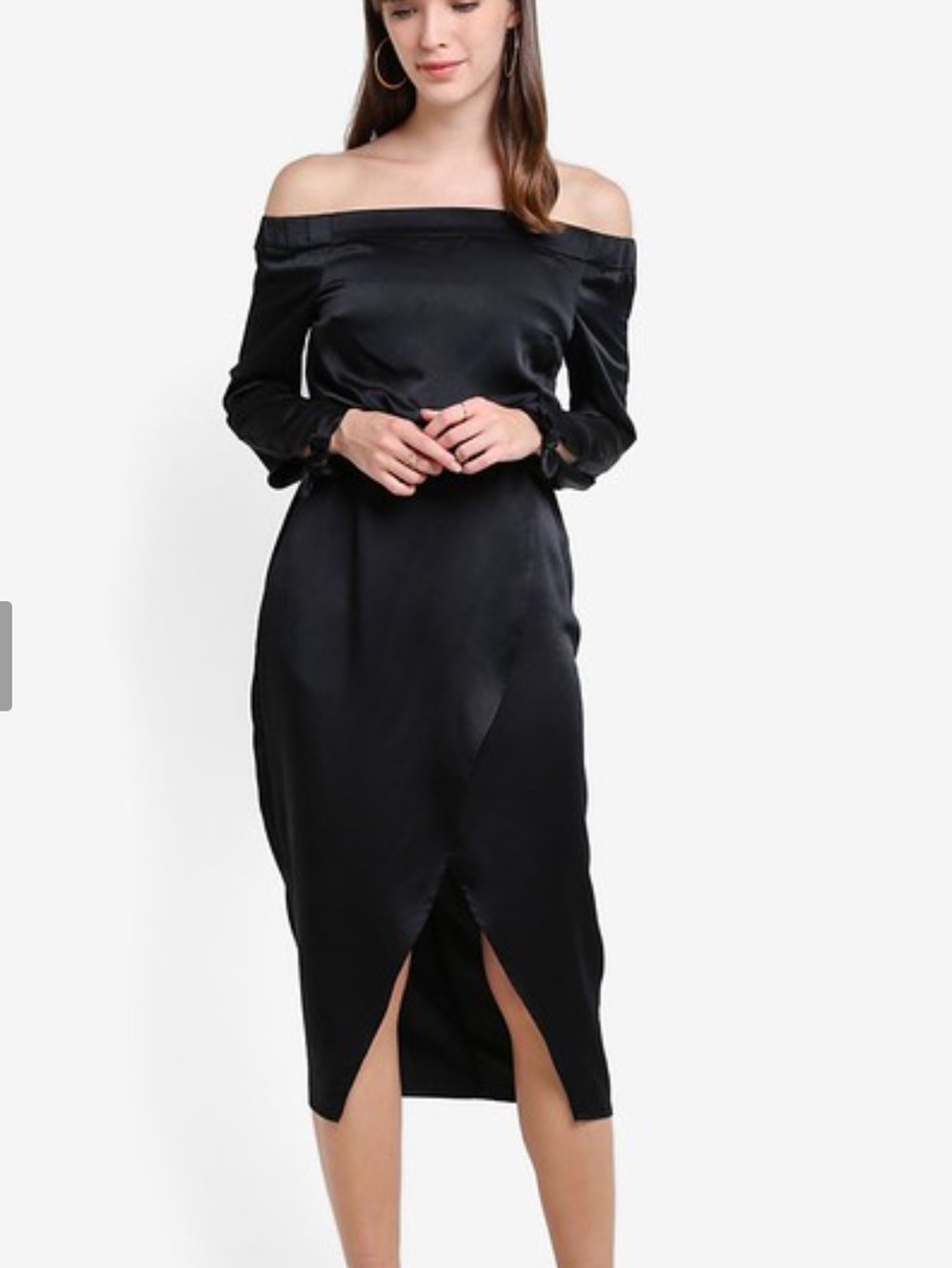 Lavish Alice Off-Shoulder Black Midi Dress with Tie Cuffs New Large
